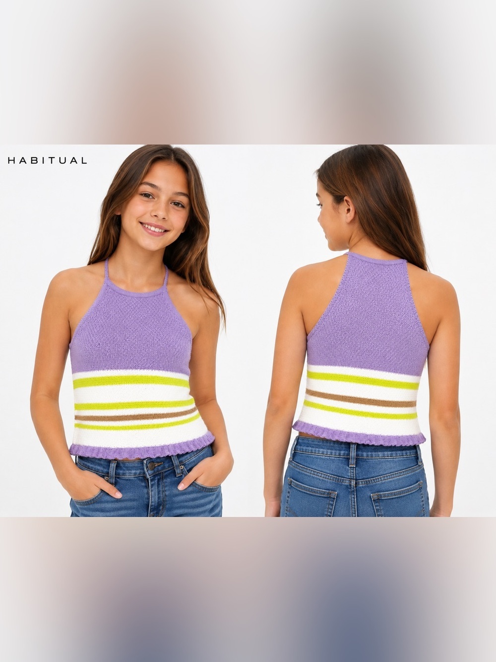 Habitual Girls Crochet Knit Cropped Tank Top Size 16 Purple Striped